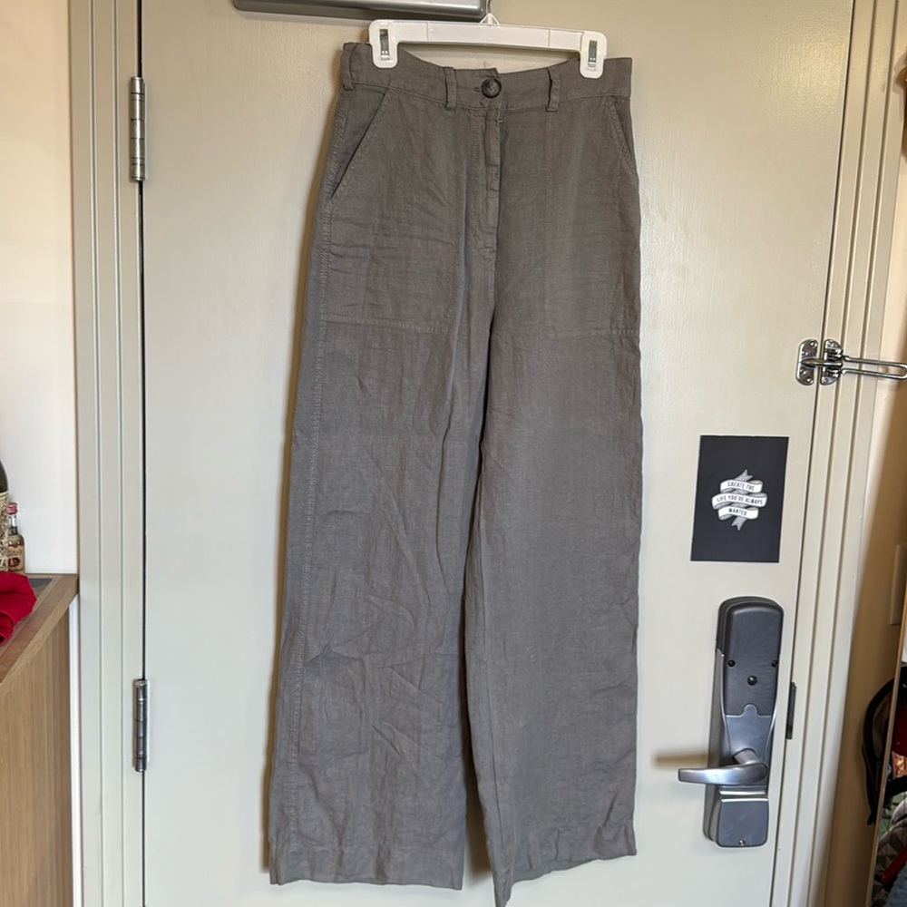 Zara 100% linen wide leg grey high waist pant size small